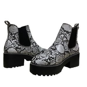 TINSTREE Black and White Snake, Print, Lug, Sole Boots with Platform.